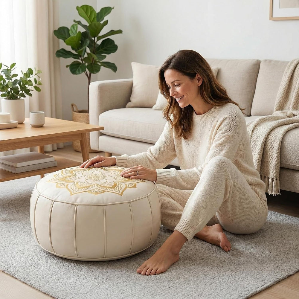 Round Pouf Cover, Premium Leather Ottoman Cover 19in / 48cm, Unstuffed Floor ...