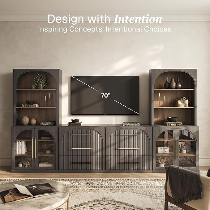 BELLEZE 6-Piece Modular TV Stand Set - 2 Arched Glass Door Sideboards, 2 Sideboards with Drawer, 2 Hutch Cabinets, Classic Modern Media Console Entertainment Center for Living Room (Ebony)