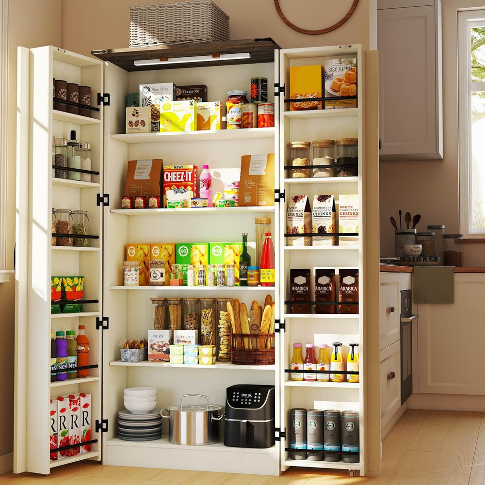 Tall Kitchen Pantry Cabinet, White Wood Storage Cabinet with 2 Doors | Food P...