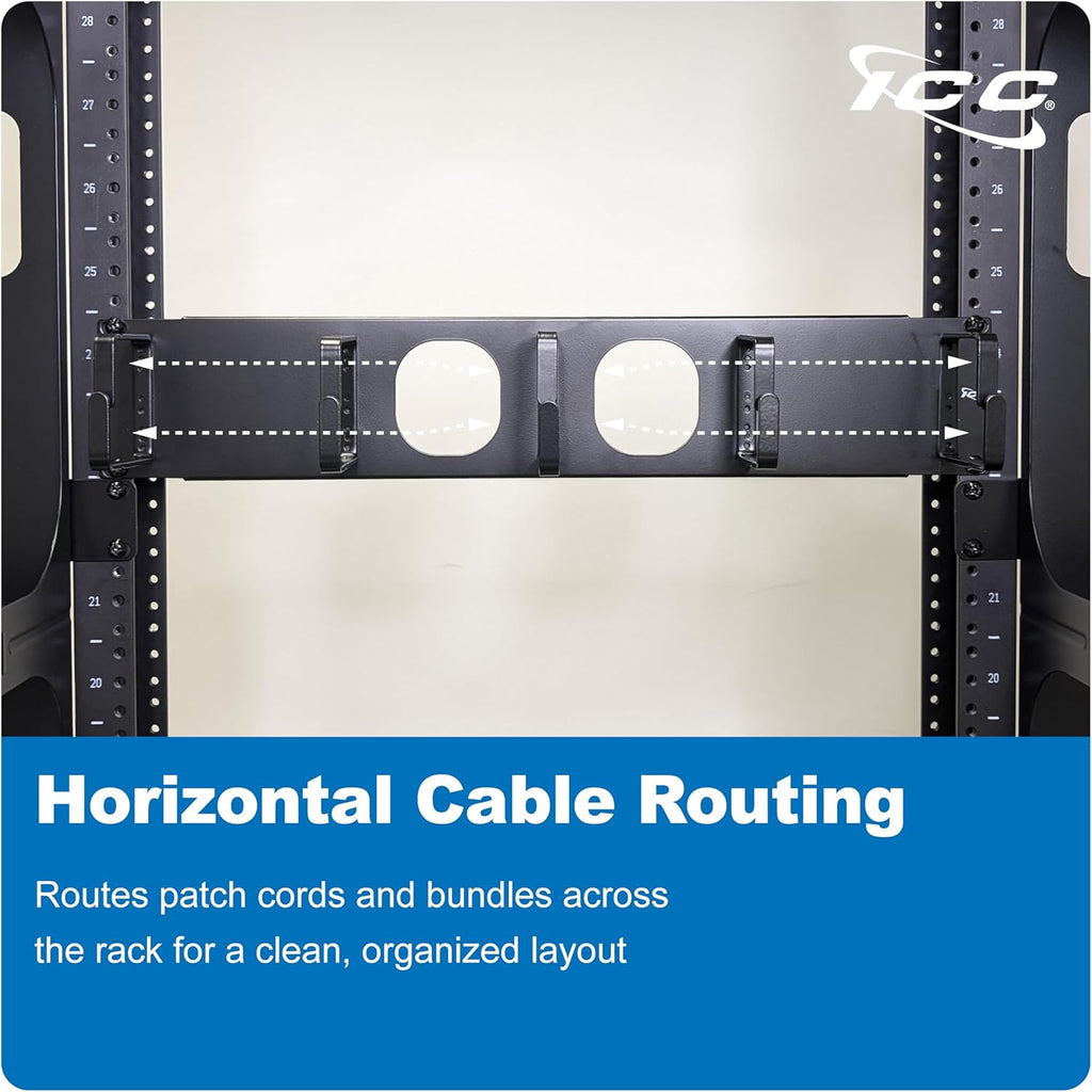 ICC 2U Ring Cable Manager Panel with Cover, Metal, 3" D-Rings, Horizontal Cable Management, Rackmount for 19” Network Racks, Black, Single Pack