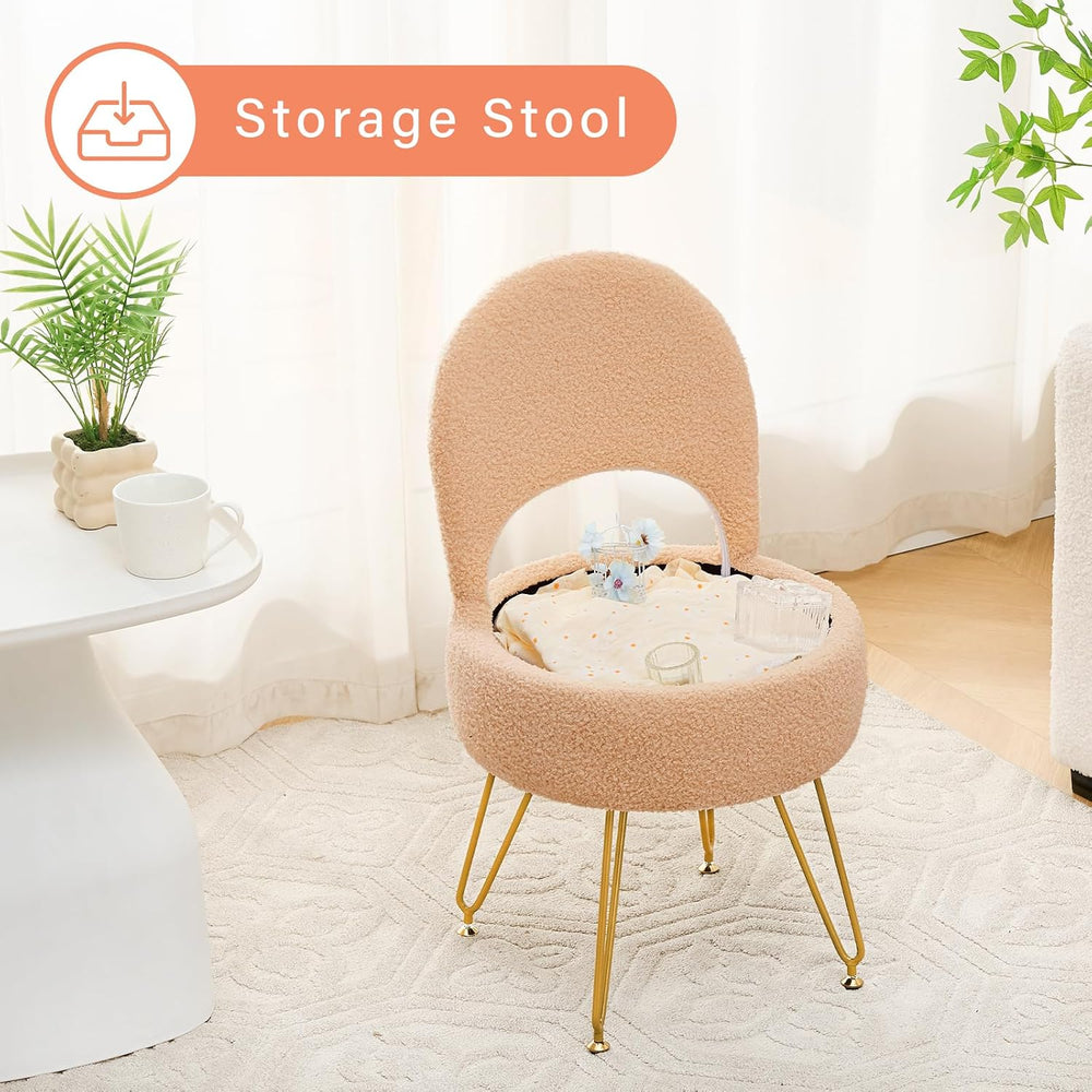 Vanity Stool Chair with Storage and Folding Back, Round Ottoman, Multifunctio...