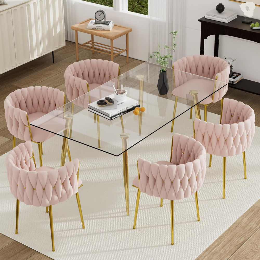 7 Piece Modern Gold Dining Room Set, 63'' Luxury Minimalist Kitchen T...