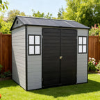 8x6ft Resin Outdoor Storage Shed with Floor and 2 Windows, Plastic Sheds & Outdoor Storage Clearance for Patio Furniture, GardenTools, Bike Accessories and Lawn Mower, Black+Grey