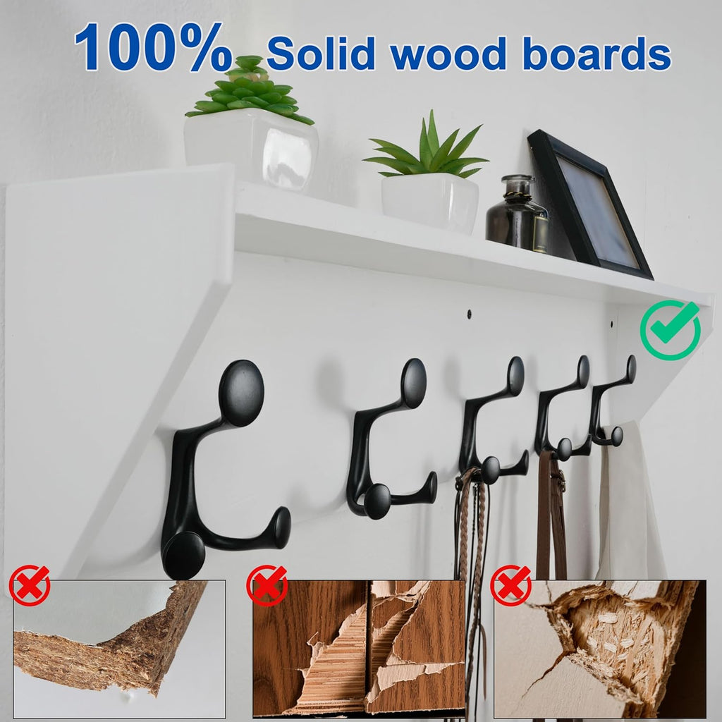 WEBI Wall Shelf with Hooks Underneath,35” Long Wall Mounted Coat Rack with Shelf,Entryway Coat Rack with 5 Triple Hooks for Hanging Coats,Jacket,Hallway,Bedroom,Mudroom,White