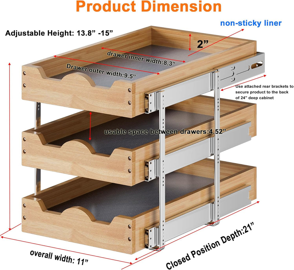 DINDON 3 Tier Pull Out Cabinet Organizer 11” W X21” D Slide Out Wood Drawer With Shelf Liner For Kitchen Pantry Organization