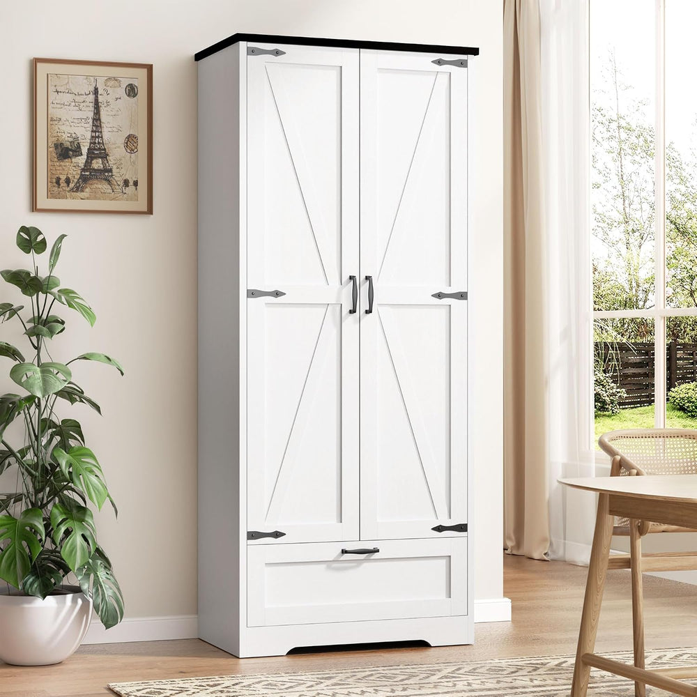 Vongrasig Kitchen Pantry Storage Cabinet with Barn Doors, Drawer and Adjustab...