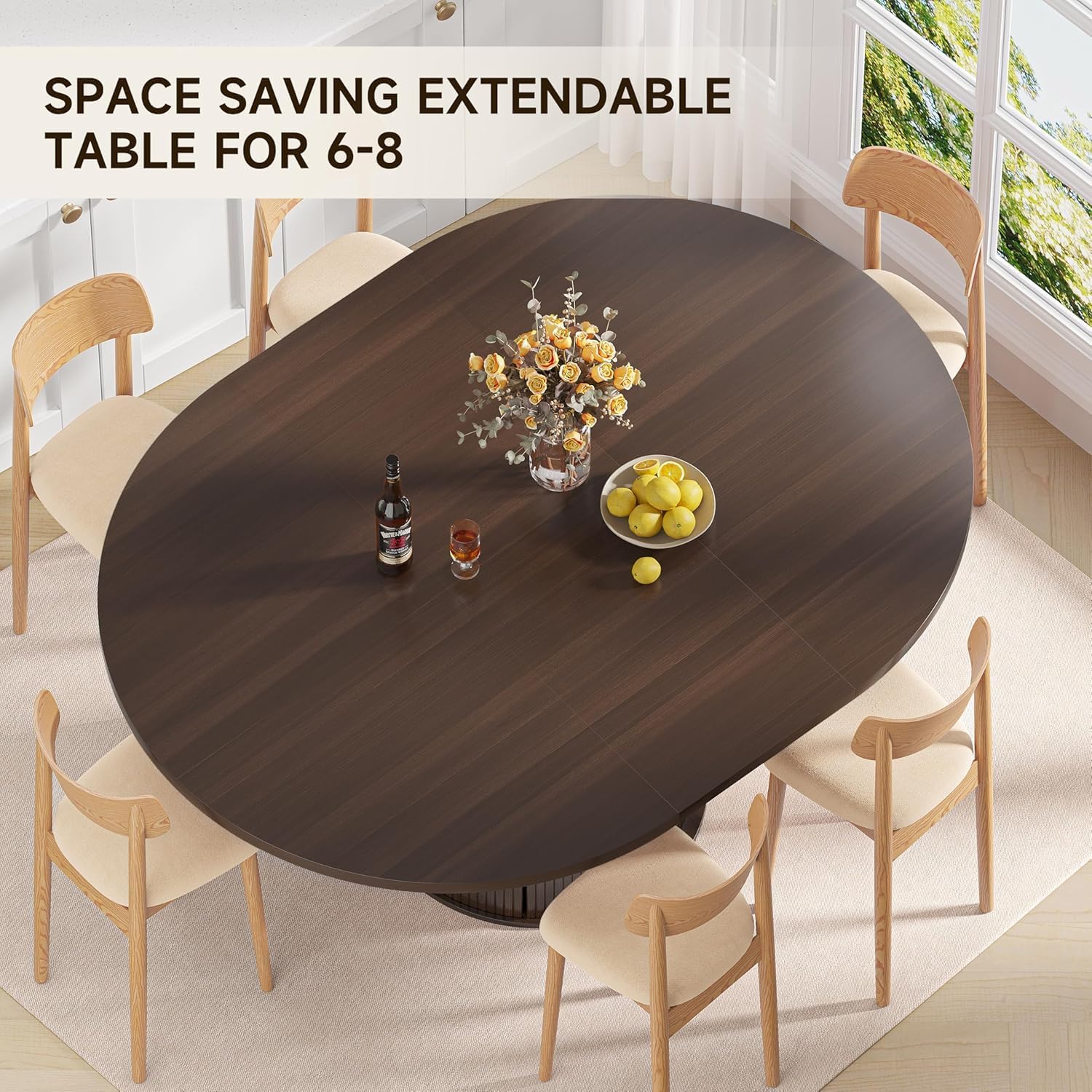 Extendable Round Dining Table: 47″–63″ Kitchen Table for 4 6 8 with Dust-Proof 2-Tier Storage Shelf Space Saving, Modern Farmhouse Expandable Wood Oval Circle Dinner Furniture with Pedestal Base