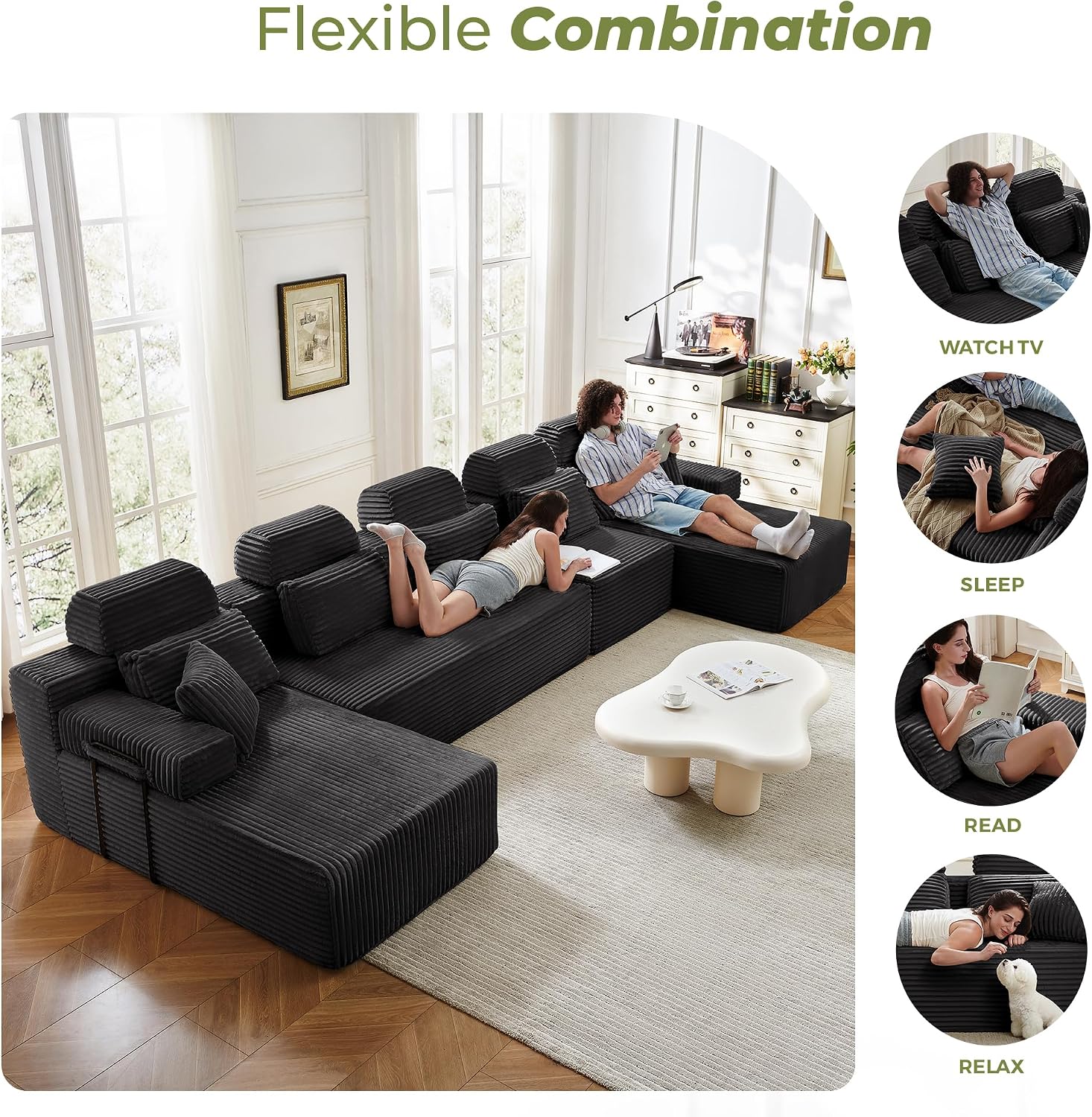 171" U-Shaped Cloud Modular Sectional Sofa with Chaise & Headrest, Boneless Deep Seat Plush Corduroy Couches for Large Living Room, No Assembly Required (Black, 171" U-shapred Chaise)