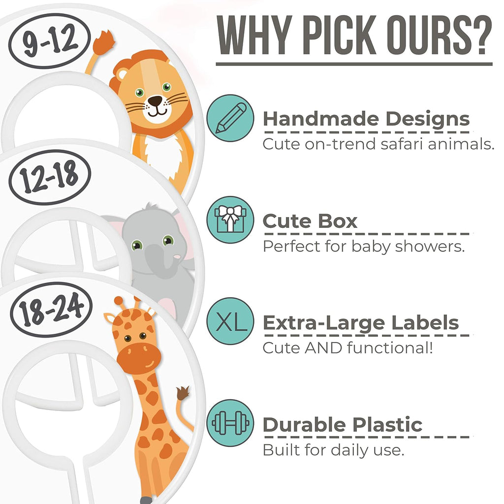 Baby Closet Size Dividers for Baby Clothes - 7X Dividers, Safari [White] | Elephant Giraffe Zebra Lion Monkey Cheetah, Nursery Closet Dividers for Baby Clothes, Nursery Decor, For Boy or Girl