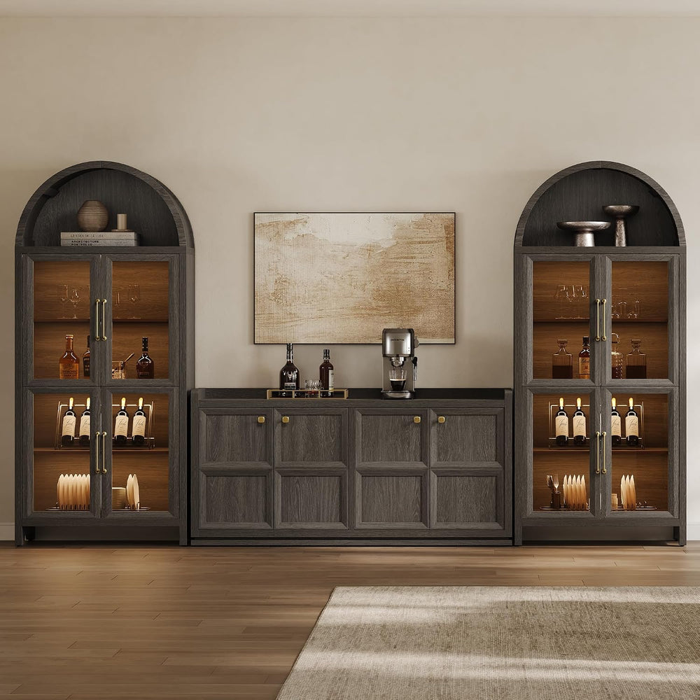 SICOTAS 74" Arched Display Cabinet with Glass Doors Set of 2, Dark Grey Oak
