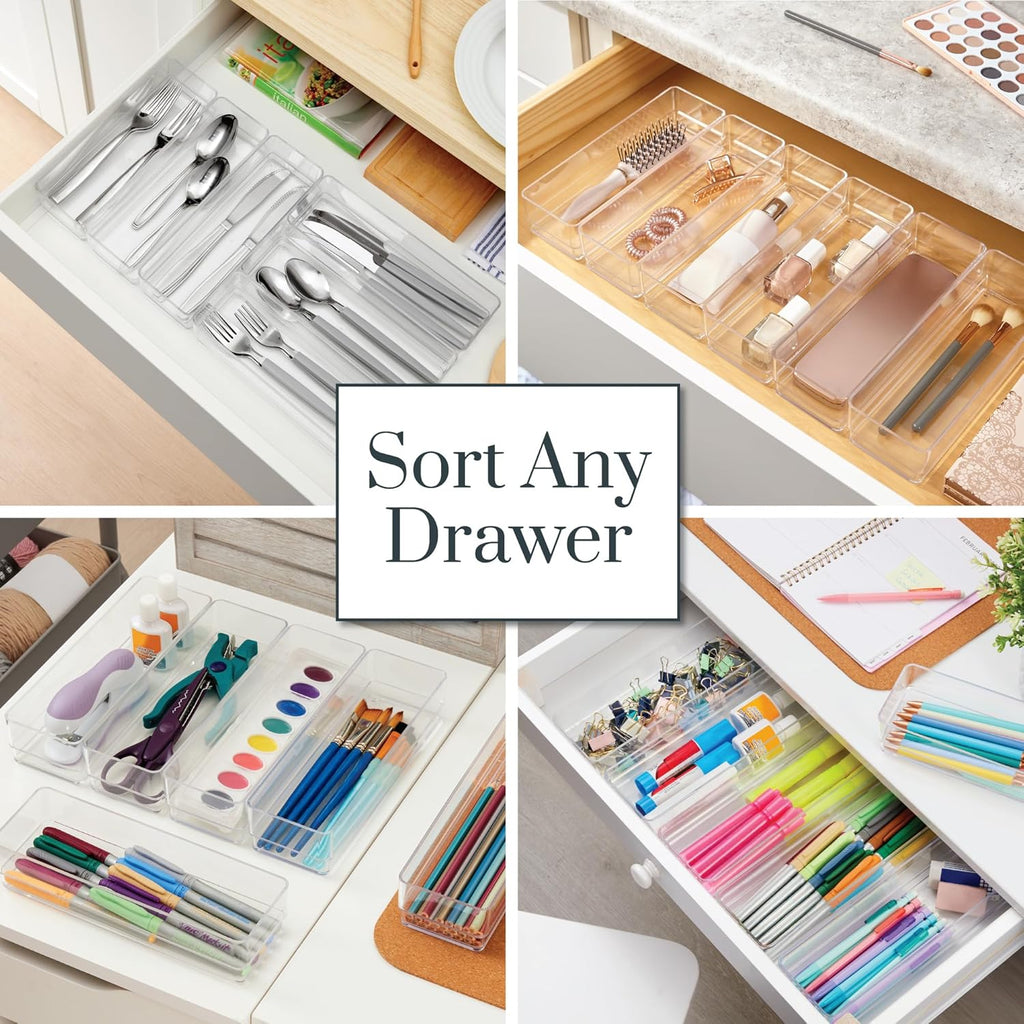 STORi SimpleSort 6-Piece Stackable Clear Drawer Organizer Set | 9" x 3" x 2" Rectangle Trays | Narrow Makeup Vanity Storage Bins and Office Desk Drawer Dividers | Made in USA