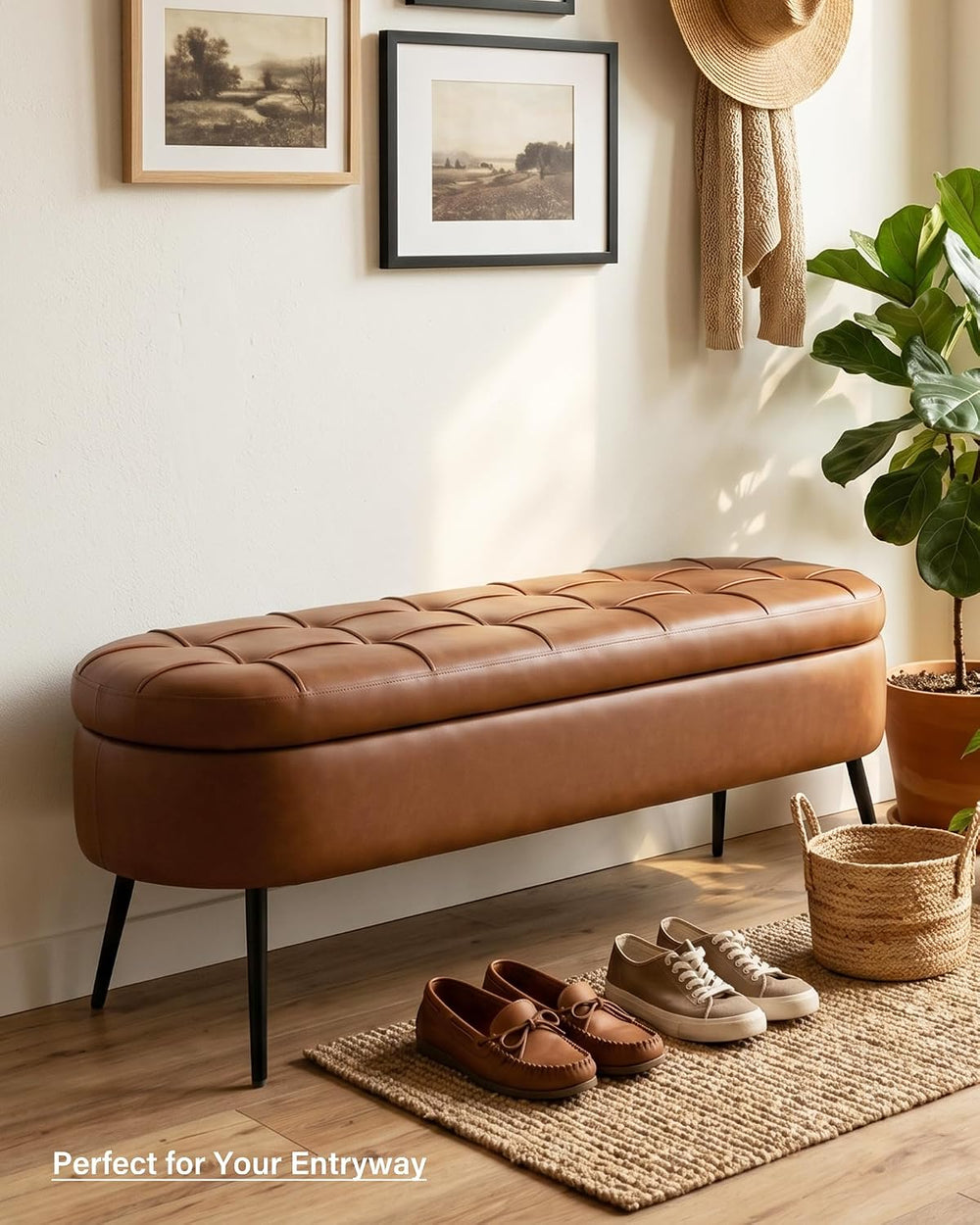 Storage Ottoman Bench, 43.7"PU Leather End of Bed Bench Walnut Brown | B...