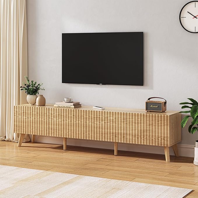70.9” TV Stand for TVs up to 70,TV Console with Two Storage Compartments, Modern Entertainment Center with 6 Supporting Legs and Grooved Drawer Fronts, TV Stand for Living Room, Bedroom, Natural