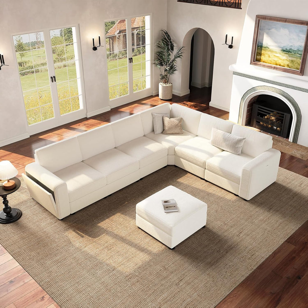 Vesgantti Oversized 6-Seater Chenille L Shaped Sectional Sofa, Beige | Modular, with Ottoman, Storage Armrests, Comfy Couch for Living Room, Apartment, Breathable Fabric, Pet-friendly