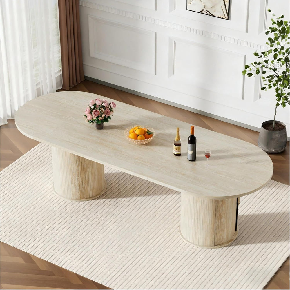 63"-94" Large Oval Extendable Dining Table for 6 8 10, Faux Travert...