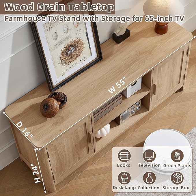 Farmhouse 55" Entertainment Center, Natural Oak Tv Stand with Adjustable Shelves & 2 Door Storage,Wood Media Console Cabinet for TVs Up to 65 inches, Rustic Tv Stands for Living Room,Bedroom