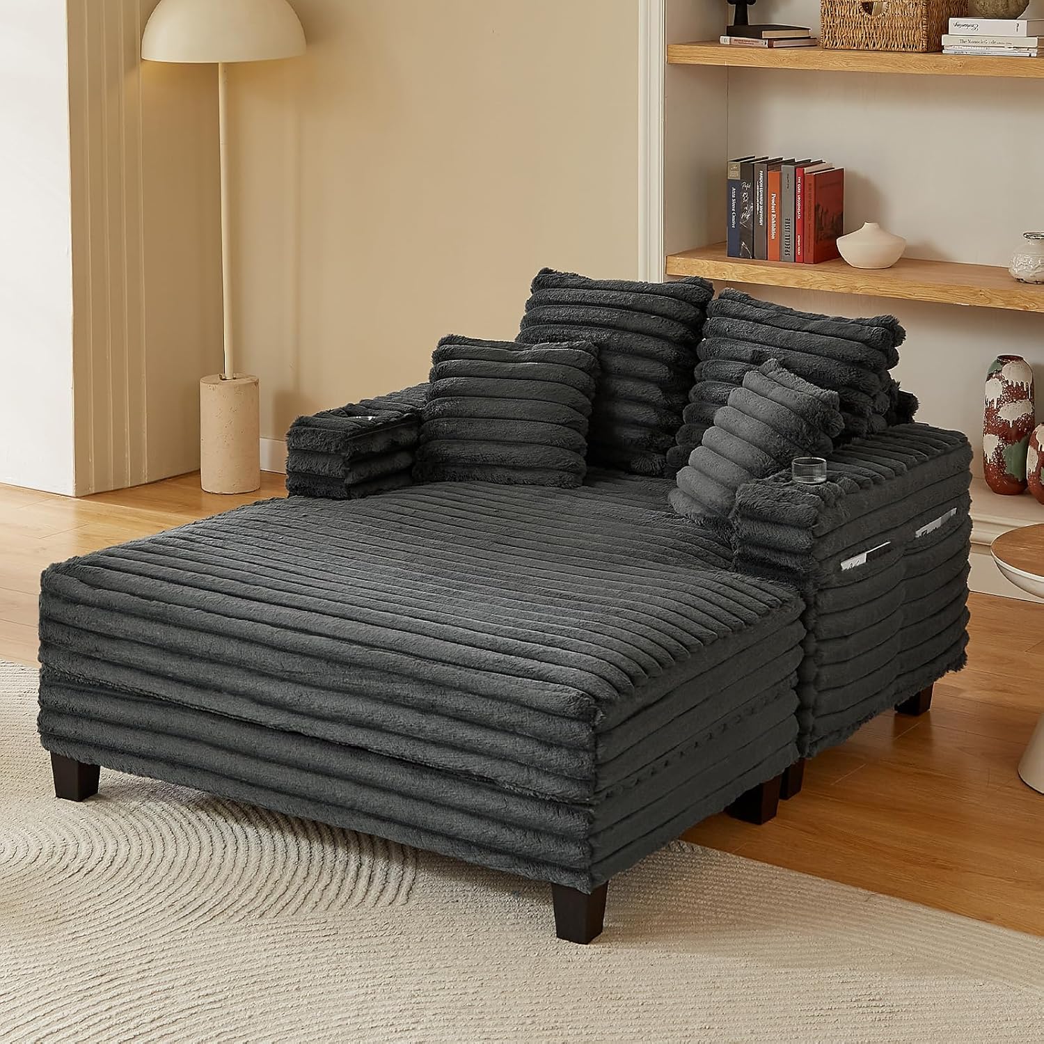 Amsleekey 64" Oversized Chaise Lounge Chair with Wood Frame, 2 Cup Holders | 4 Storage Pockets, Plush Corduroy Fabric, Upholstered Sofa Bed for Living Room, Movie Room, Bedroom, Grey