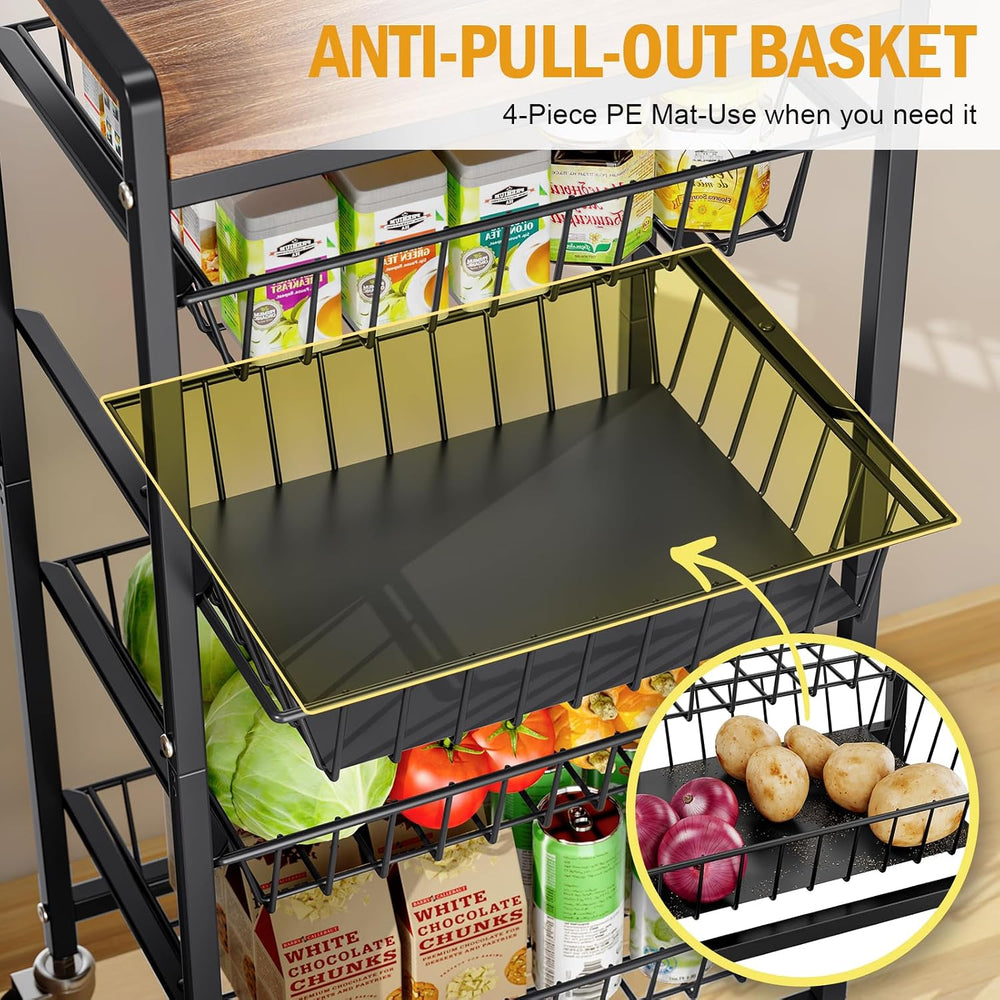 TOOLF 5 Tier Kitchen Storage Cart, Metal Utility Rolling Snack Cart | Wooden ...