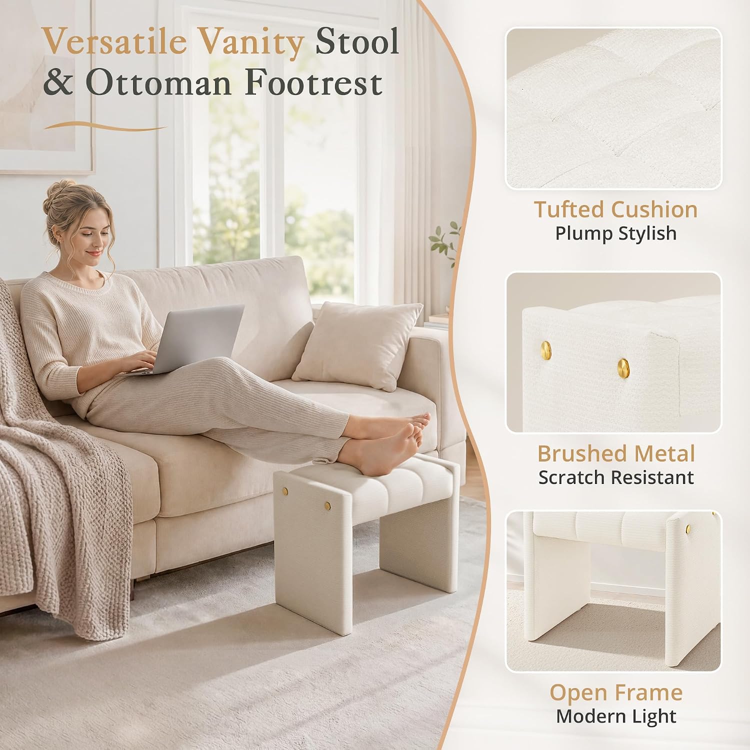 LUE BONA Modern Grid Tufted Vanity Bench Stool, 4.33'' Thick Chenille Upholstered Ottoman Footstool for Makeup Room, Bedroom & Living Room, 200lbs Capacity, White