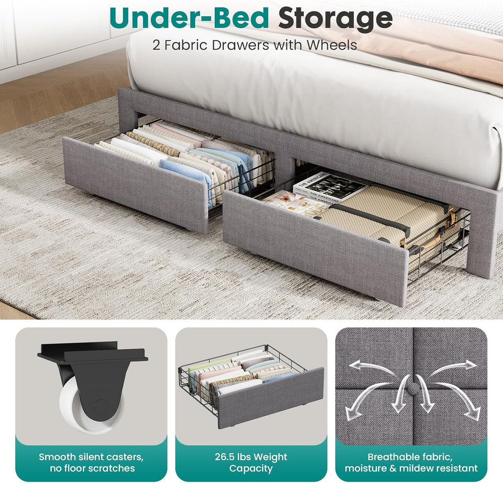 DUMOS Queen Bed Frame, Upholstered Platform Bed Frame with Storage Drawers