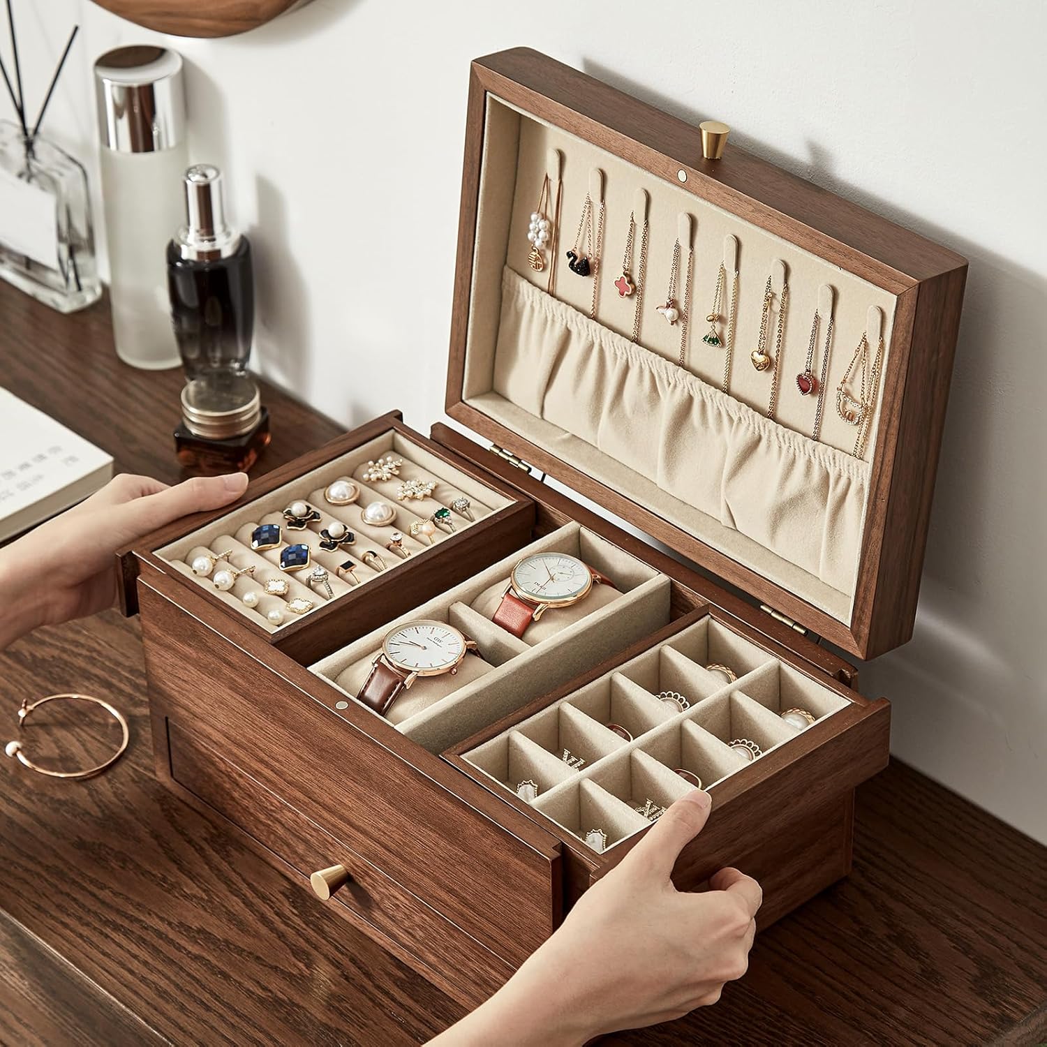 CHOSIN Black Walnut Wooden Jewelry Box for Women, 3 Level Multi-functional Drawer Organizer Box Watch Necklace Ring Earring Storage Christmas Gifts