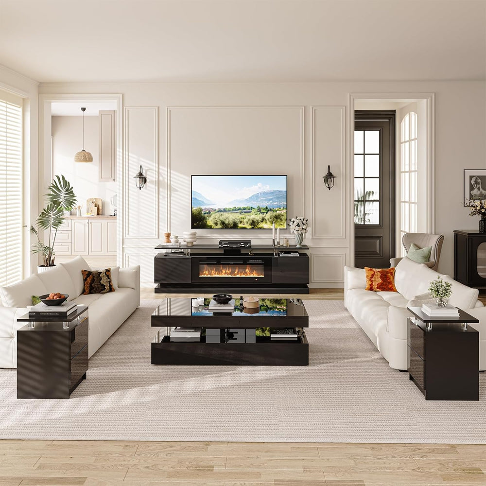 4-Piece Modern Living Room Table Set, Black | Includes High Gloss 70" Fi...