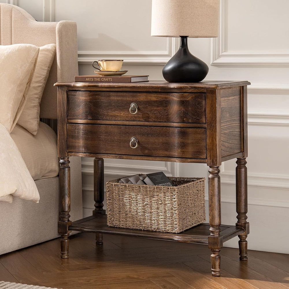 HULALA HOME End Table with Charging Station, Solid Wood Side Table with 2 Dra...