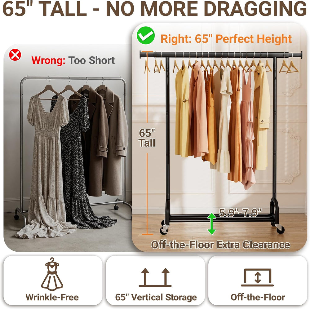65" Metal Clothes Rack, Heavy Duty Rolling Clothing Rack 380LBS