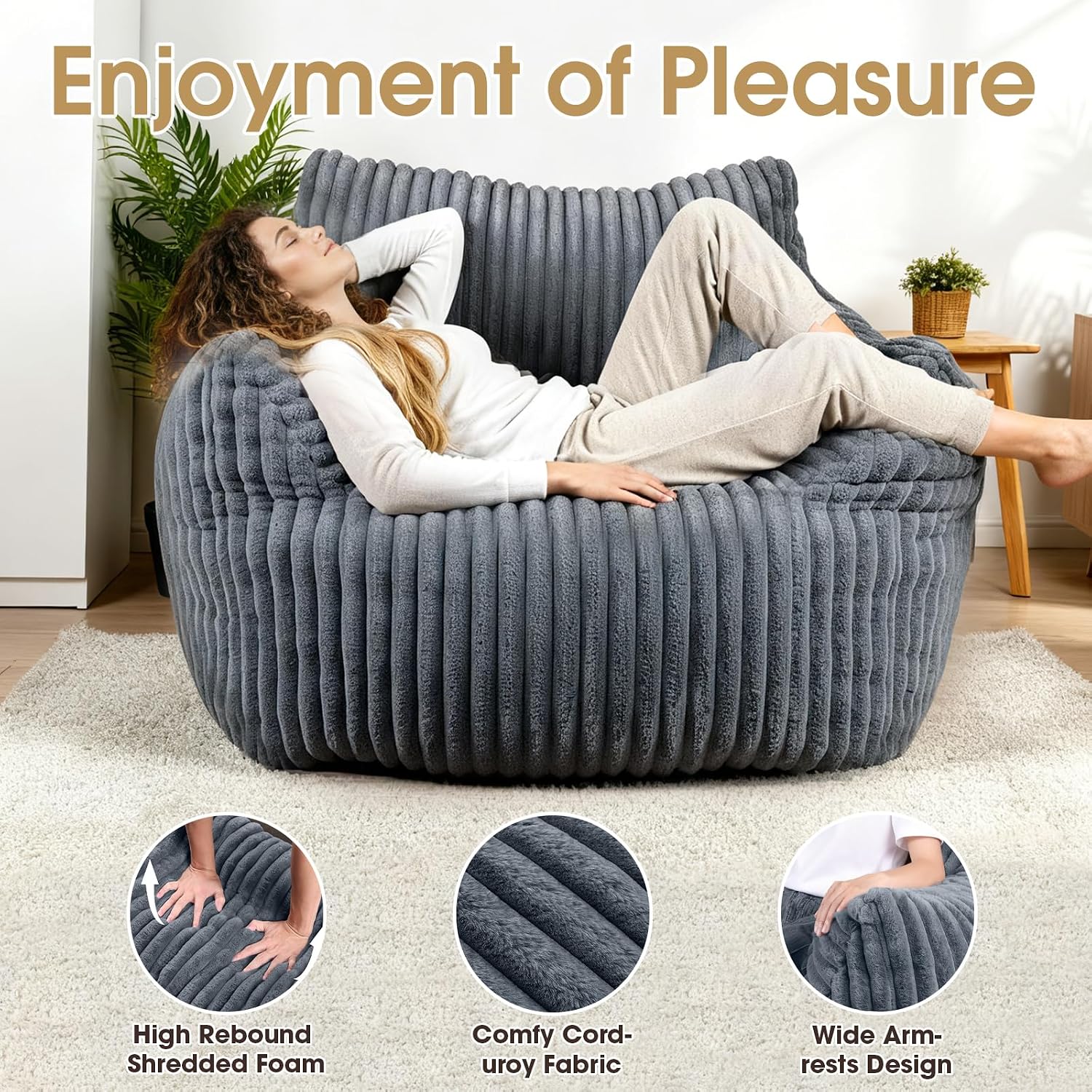 Giant Bean Bag Chair, Oversized Plush Comfy Bean Bag Sofa for Adults and Kids with Armrests, Memory Foam Mini Couch Single Lounges for Living Room, Bedroom & Game Room(Gray)