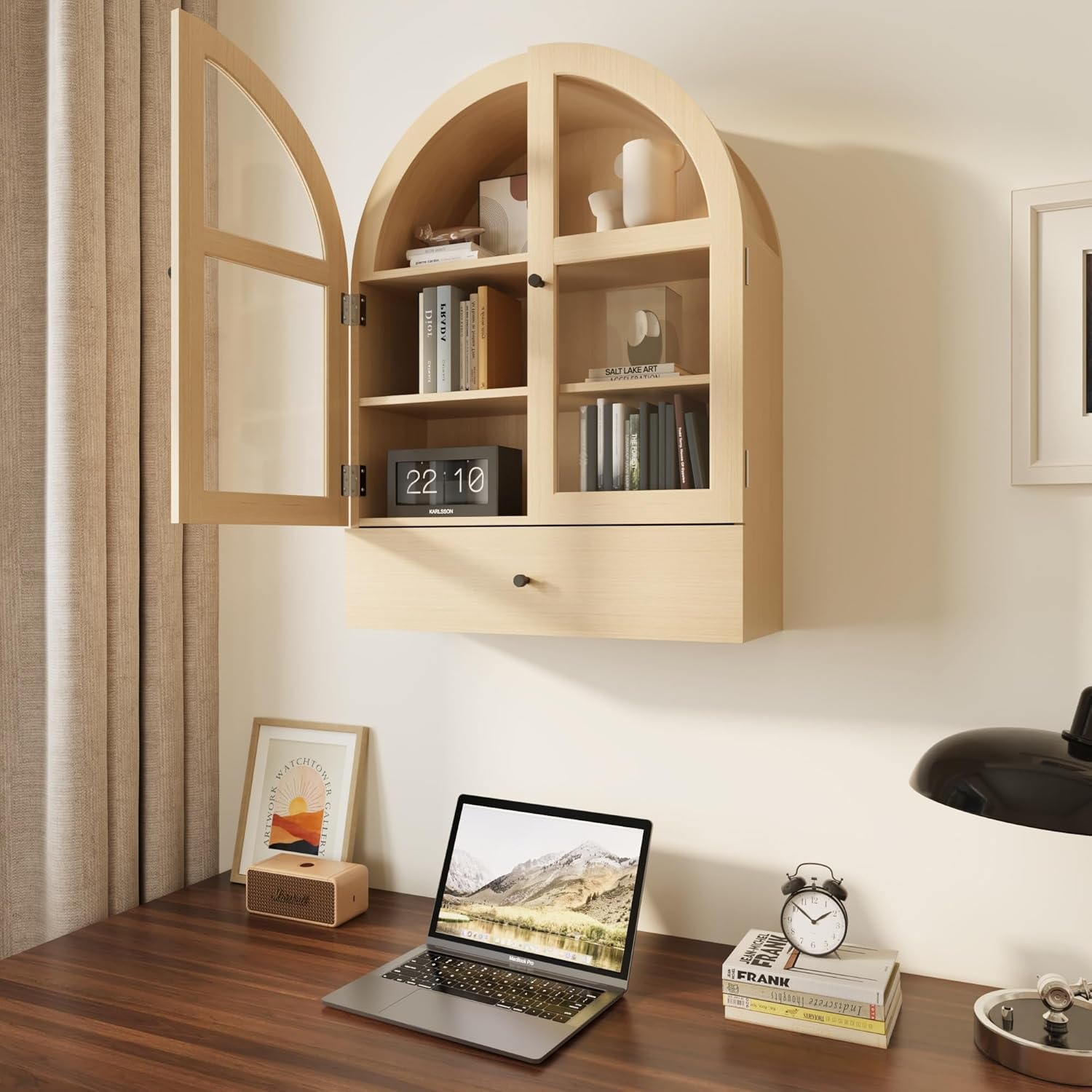 BLANKSPACE Bathroom Curved Wall Cabinet with Drawer, Over The Toilet Organizer for Bathroom Storage Cabinet with Glass Door and Soft Closing （Natural Wood Color）