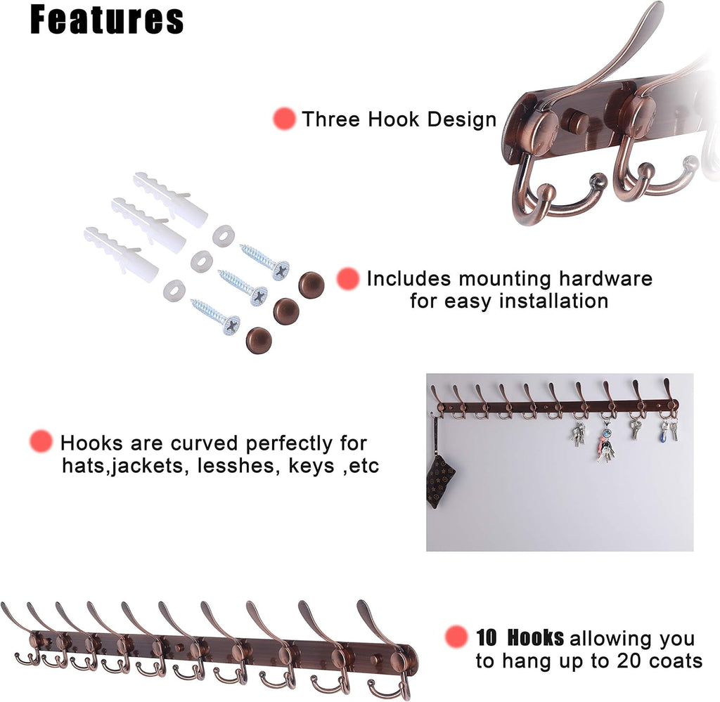 Dseap Coat Rack Wall Mount - 38” Long 10-Tri-Hooks Heavy Duty Coat Hanger Rail Wall Hooks for Hanging Coats Hats Clothing Clothes Purse Mudroom Entryway, Antique Copper, Pack of 2
