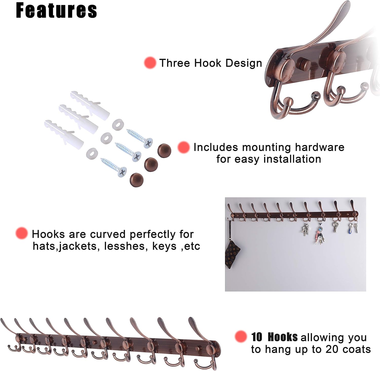 Dseap Coat Rack Wall Mount - 38” Long 10-Tri-Hooks Heavy Duty Coat Hanger Rail Wall Hooks for Hanging Coats Hats Clothing Clothes Purse Mudroom Entryway, Antique Copper, Pack of 2