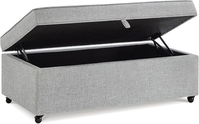 45" Modern Sofa Ottoman with Storage,Linen Upholstered Storage Bench with Rotation Casters and Safety Hinge, for Living Room,Grey