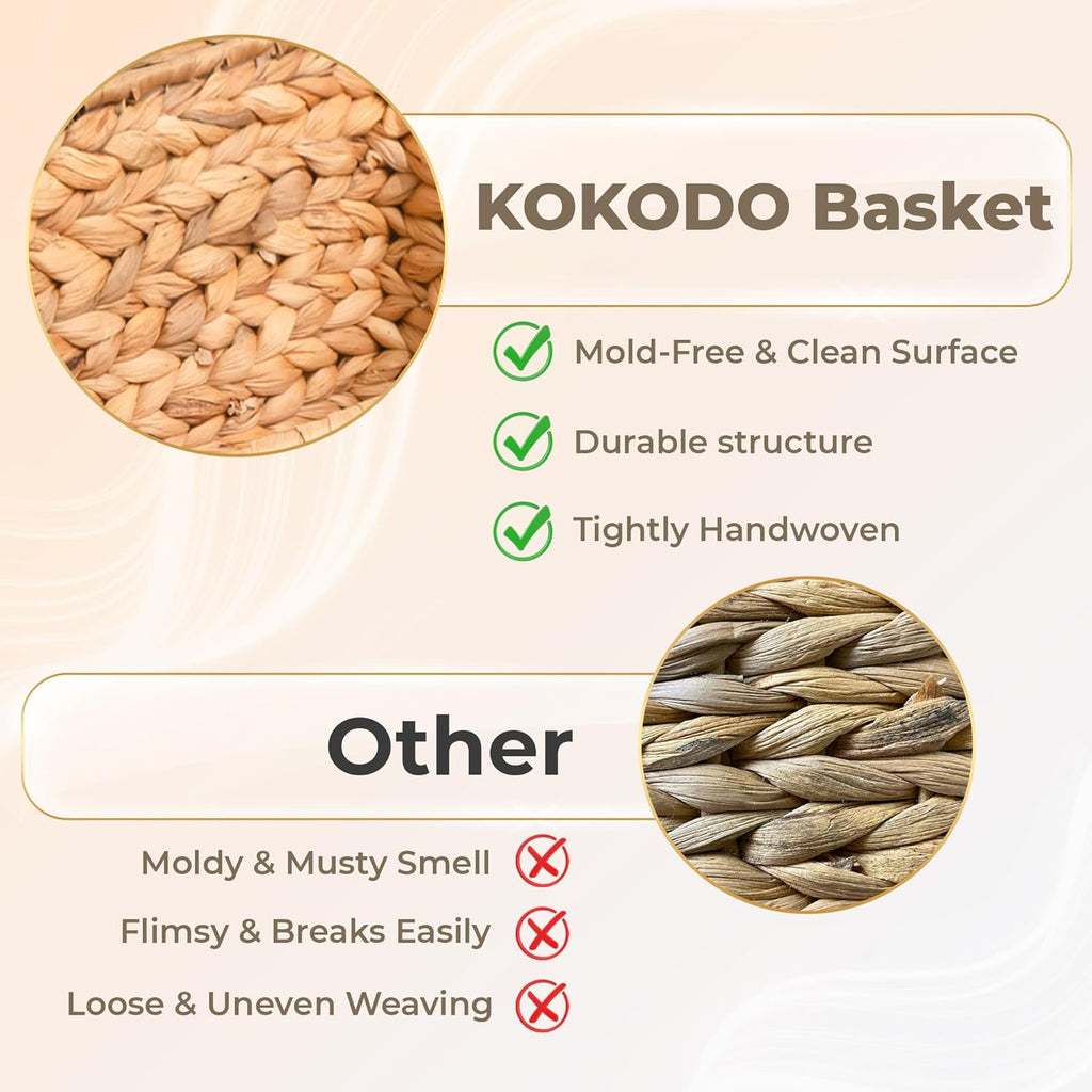 KOKODO Rectangular Water Hyacinth Basket with Lid for Organizing, Wicker Basket with Lid for Shelves and Closet, Handwoven Storage Basket with Lid and Handles
