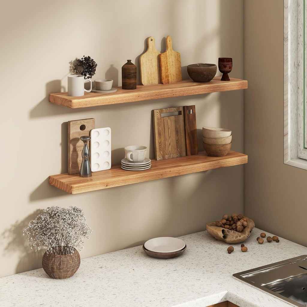 Fun Memories Rustic Elm Wood Floating Shelves, Wooden Wall Shelves 40 Inch Long Set of 2, Heavy-Duty Bathroom Shelf for Wall, Solid Wood Storage Shelf for Kitchen, Bedoom, Office