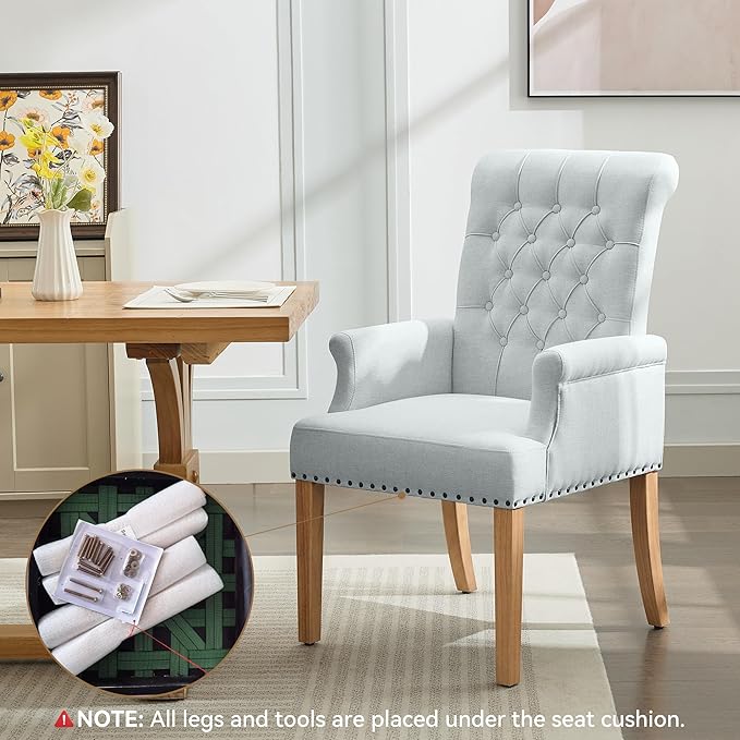 Fabric Dining Chair with Arms, Upholstered Tufted High Back Dining Room Chairs, Accent Armchair with Solid Wood Leg and Nailhead Trim, Kitchen Dining Living Room, Sky Blue
