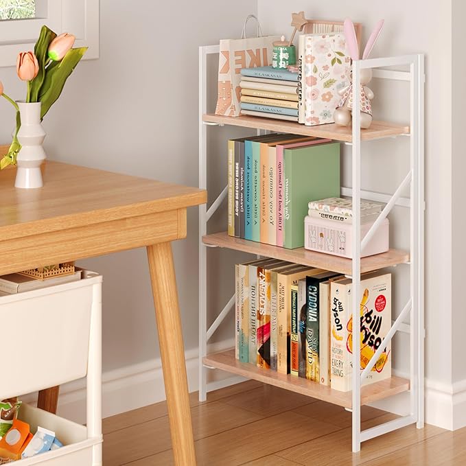 JSB No Assembly Folding Bookshelf, 3 Tier Industrial Metal Book Shelf for Sto...