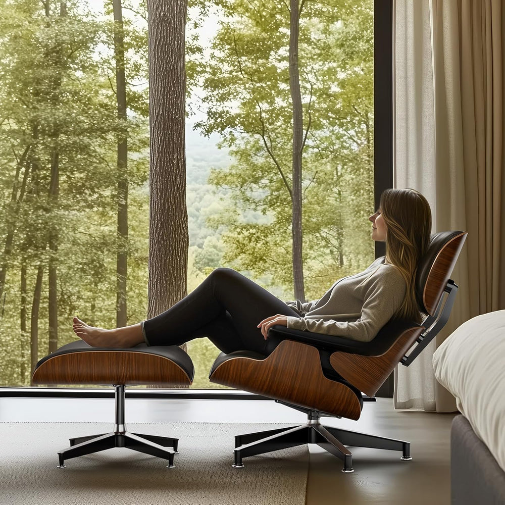 Top Black PU Leather, Mid Century Chaise Lounge Chair and Ottoman, Modern Cha...