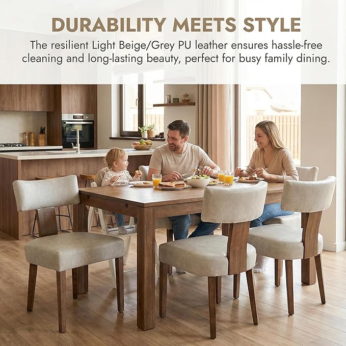 Grey Leather Dining Chairs Set of 4, Upholstered Wooden Dining Room Chairs, M...