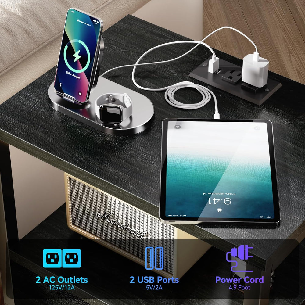 Furologee Nightstands Set of 2, End Tables with Charging Station and LED Ligh...