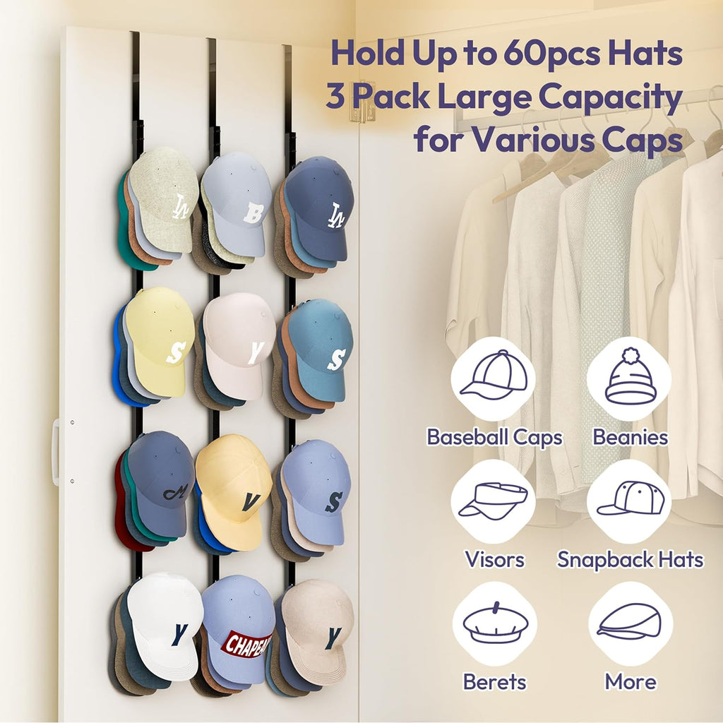 SWTYMIKI Over Door Hat Rack - 3 Packs Metal Hanging Hat Organizer with 12 Hooks Design, Baseball Cap Hanger Organizer Storage Holds up to 60 Caps for Door, Bedroom, Closet