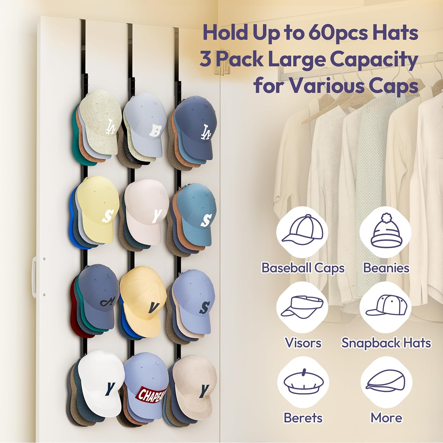 SWTYMIKI Over Door Hat Rack - 3 Packs Metal Hanging Hat Organizer with 12 Hooks Design, Baseball Cap Hanger Organizer Storage Holds up to 60 Caps for Door, Bedroom, Closet