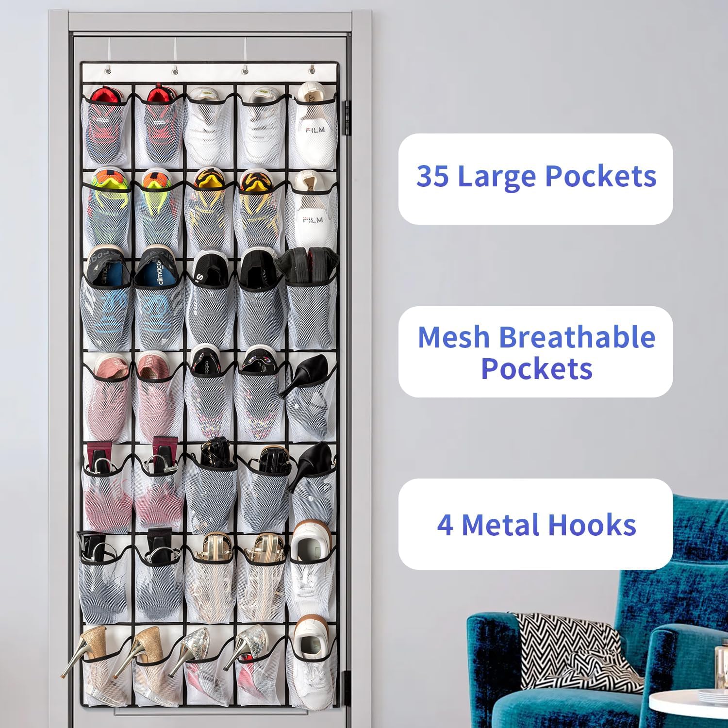 35 Pockets Over the Door Shoe Organizer, Hanging Shoe Organizer for Door with 35 Mesh Pockets Large Capacity Shoe Hanging Storage Bag with 4 Metal Hooks (White-1Pack)