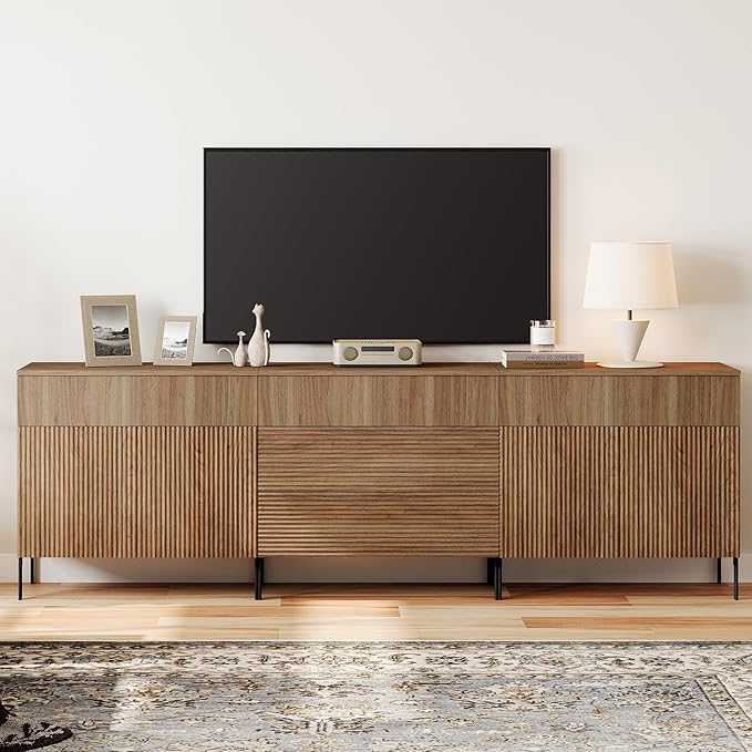 WAMPAT Fluted TV Stand for TVs up to 100", 3 in 1 Modern Entertainment Center with Storage Cabinets and 5 Drawers & 4 Doors,Wood Media TV Console Table with Storage for Living Room, Light Walnut