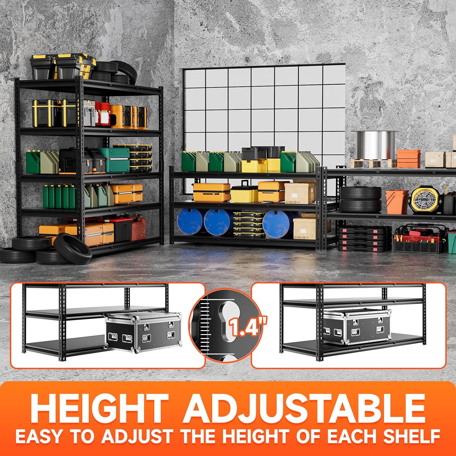 5 Tier 60”D X 24”W X 78”H Garage Shelves Heavy Duty 3000LBS Adjustable Metal Storage Shelves for Garages Shops and Basements (Black)