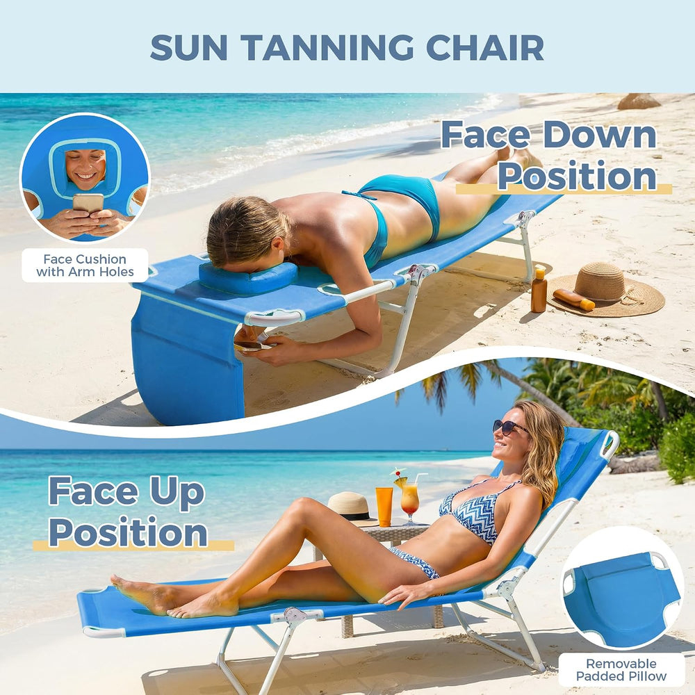 Folding Tanning Chair with Face Hole Set of 2, 3-Position Adjustable Patio Lo...