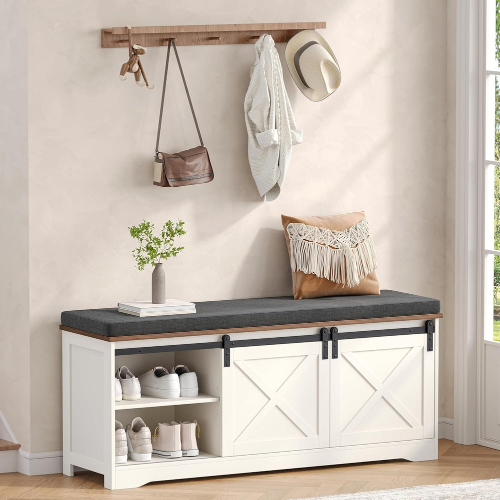 Farmhouse Storage Bench with Cushion, 47.2" Shoe Bench with Slide Barn D...