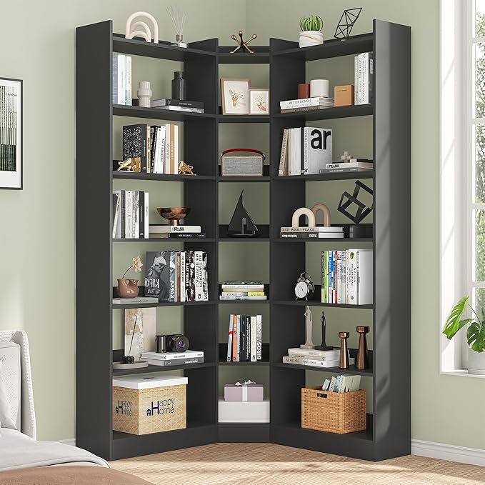 70.8" Tall Corner Bookshelf and Bookcases, 7 Tiers Morden Large Etagere Bookcases Storage Display Rack with Baffle, Industrial L-Shaped Bookshelves for Bedroom, Home Office, Living Room, Black