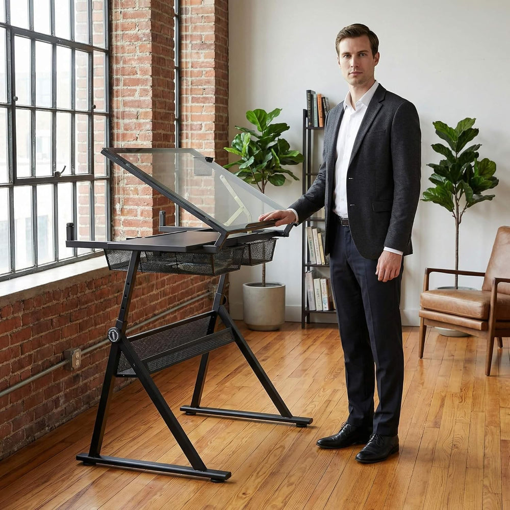 Litex Adjustable Drafting Table with Stool, Glass Top Art Desk for Drawing &a...