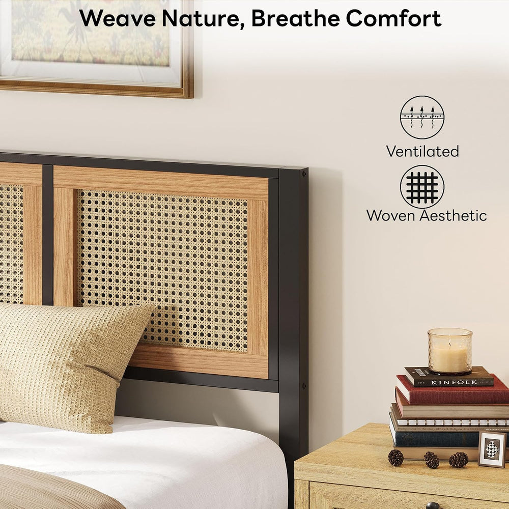 LIKIMIO Queen Bed Frame, Platform Bed Frame with Rattan Headboard
